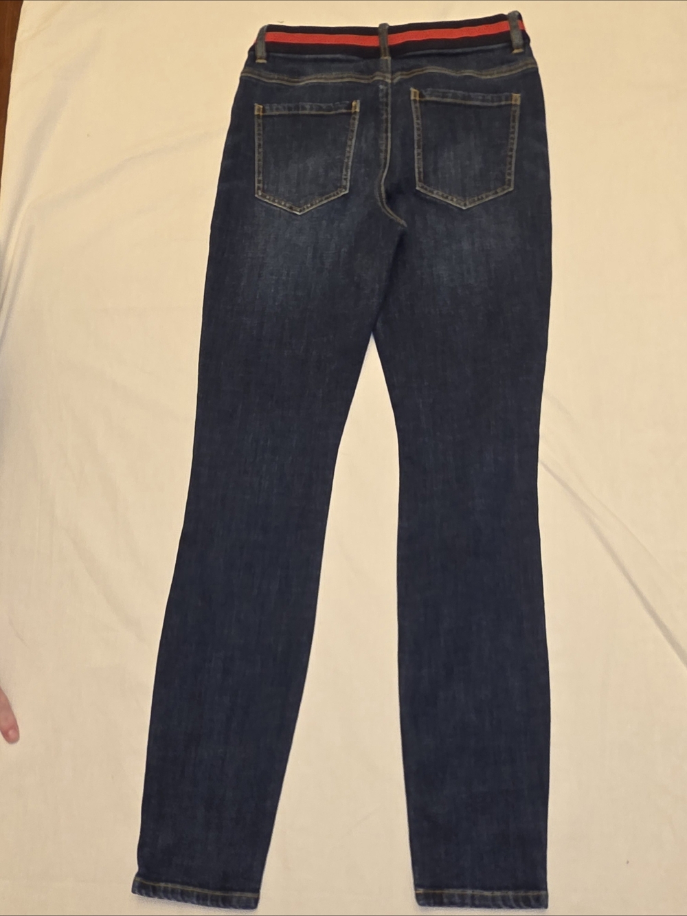 CAbi Dark Blue Skinny Jeans with Red Waistband Detail Button Fly sz 4 - Picture 2 of 3